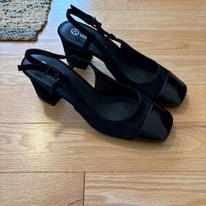 Wishbone black Chanel style suede slingback heels